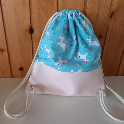 Kinderturnbeutel Einhorn türkis, Leder rosa